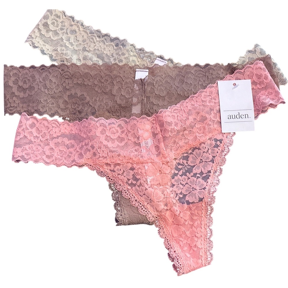 NEW Auden 3 Pack Invisible Edge Lace Thong Panties Pink Taupe Ivory Size S